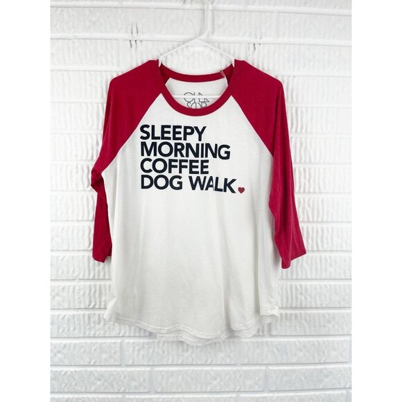 Chaser Tops - Chaser Shirt Womens XL 'Sleepy Morning Coffee Dog Walk' Raglan Tee